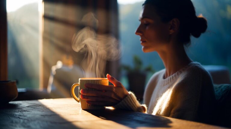 Illustration of hands cradling a warm mug with gentle steam in morning light, the soothing heat signalling the body to relax and ease morning tension