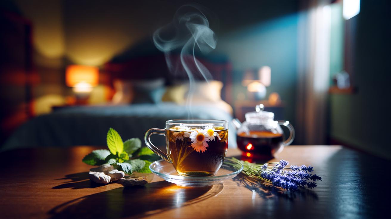 Illustration of a steaming cup of herbal sleep tea with chamomile, lemon balm, valerian, and lavender on a bedside table, highlighting plant compounds that lower alertness and prepare the body for sleep