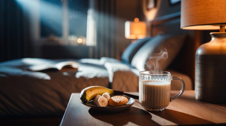 Illustration of a steaming glass of warm milk on a bedside table at night, ready for a pre-sleep sip