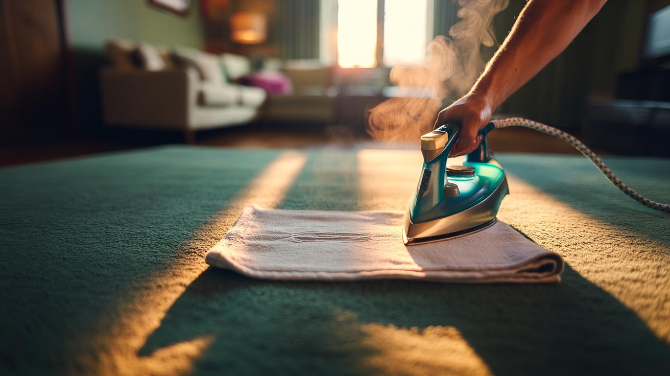 Illustration of a household iron pressing a damp cotton towel over a carpet dent to re-expand compressed fibres