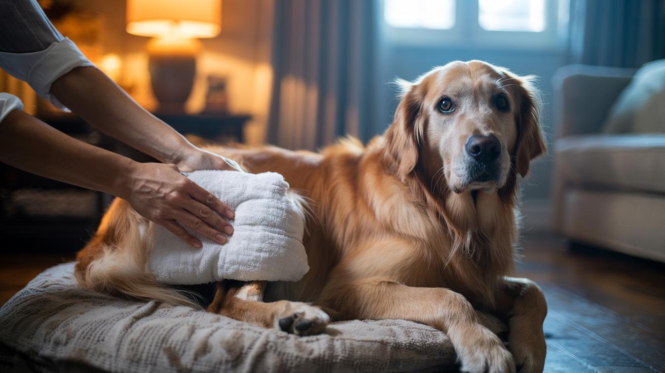 Illustration of a senior dog calmly resting while a caregiver applies a warm rice sock, wrapped in a towel, to its stiff hip joint
