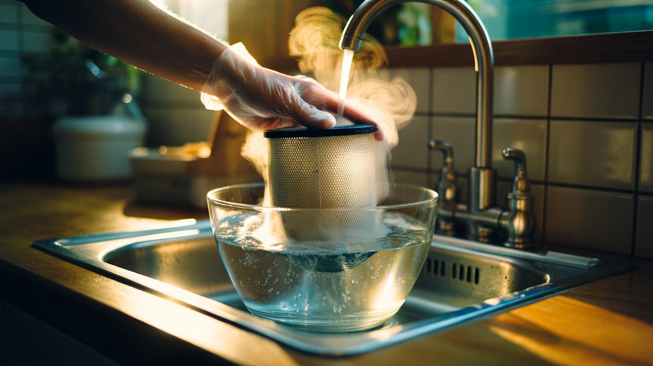 Illustration of a reusable air filter soaking in warm, soapy water as heat-assisted rinsing flushes out trapped dust particles
