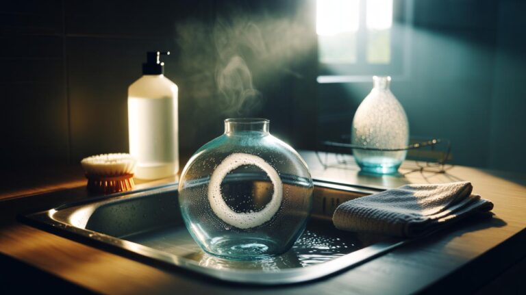 Illustration of a cloudy glass vase soaking in warm, soapy water to release mineral rings
