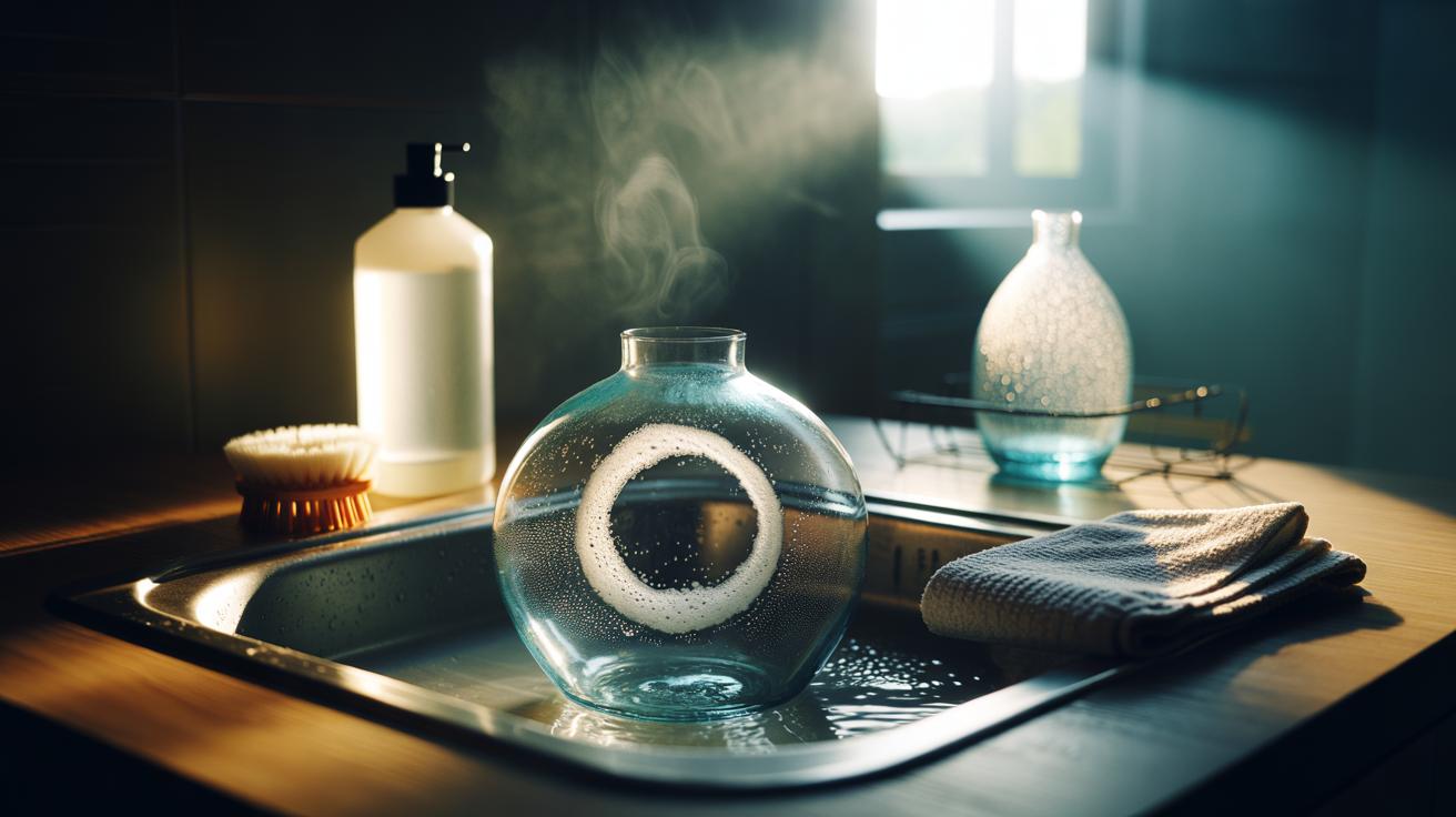 Illustration of a cloudy glass vase soaking in warm, soapy water to release mineral rings