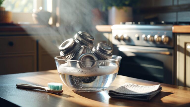 Illustration of oven knobs removed from a cooker and soaking in a bowl of warm, foamy, soapy water, with a soft toothbrush beside them
