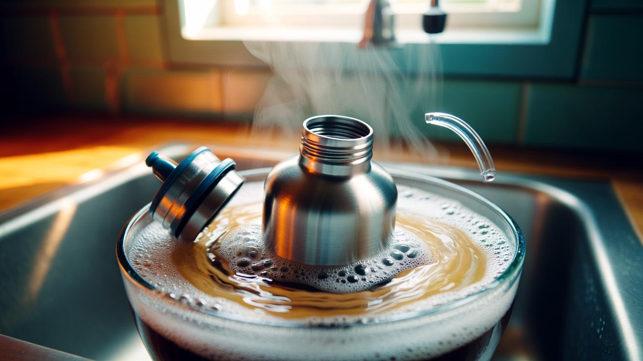 Illustration of a reusable water bottle and disassembled lid soaking in warm soapy water, with gentle steam and bubbles showing heat breaking down residue in the narrow neck, threads, and silicone gasket