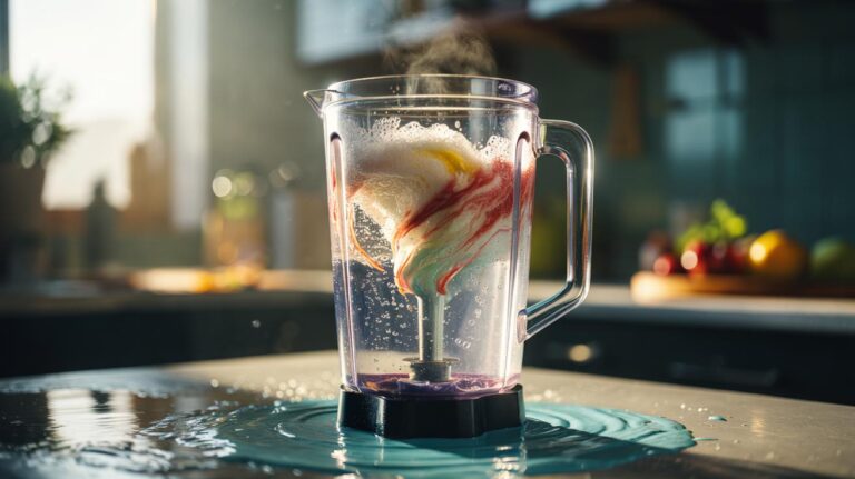 Illustration of a blender jug one-third filled with warm soapy water being swirled to create a vortex that loosens stuck smoothie residue from the walls