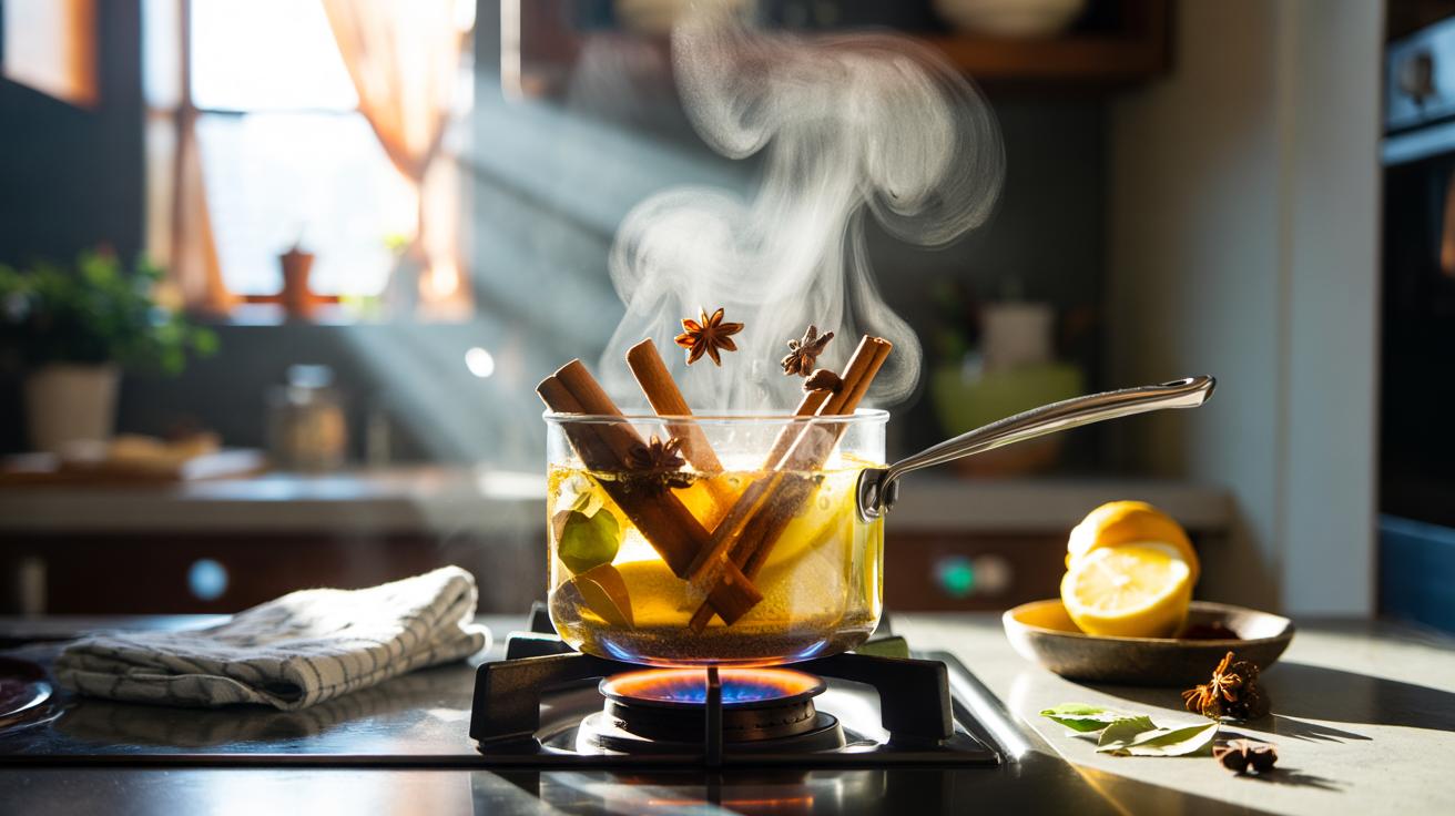 Illustration of a saucepan on a hob gently simmering cinnamon sticks, whole cloves, bay leaves, and lemon peel, releasing fragrant steam to neutralise lingering kitchen odours