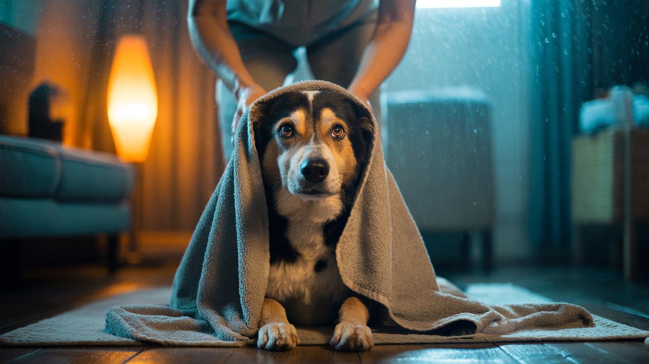 Illustration of an anxious dog being gently draped with a warm towel to help lower stress hormones