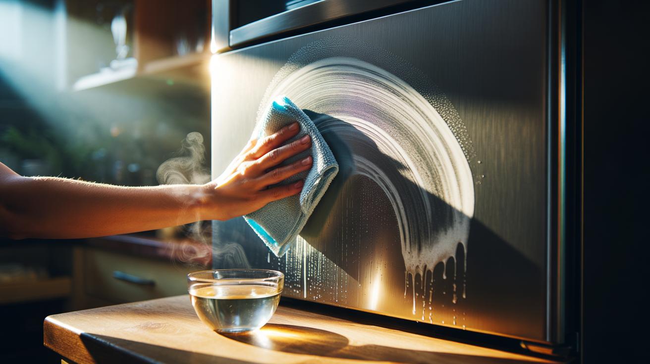 Illustration of a hand using a warm vinegar-dampened microfibre cloth to remove fingerprint smudges from a stainless steel appliance