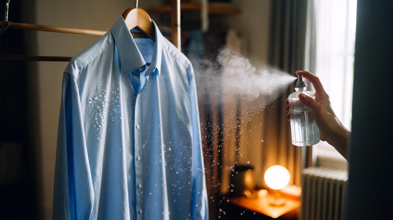 Illustration of warm-water mist being sprayed onto a wrinkled shirt on a hanger to relax fibres and smooth creases