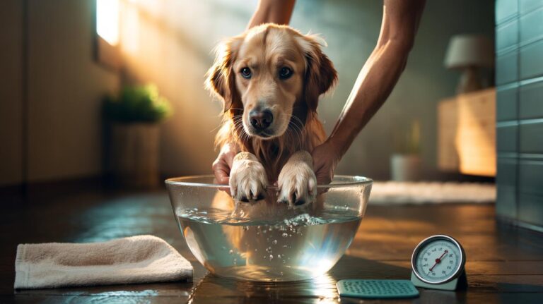 Illustration of a dog calmly dipping its paws in warm water to relax tight paw muscles