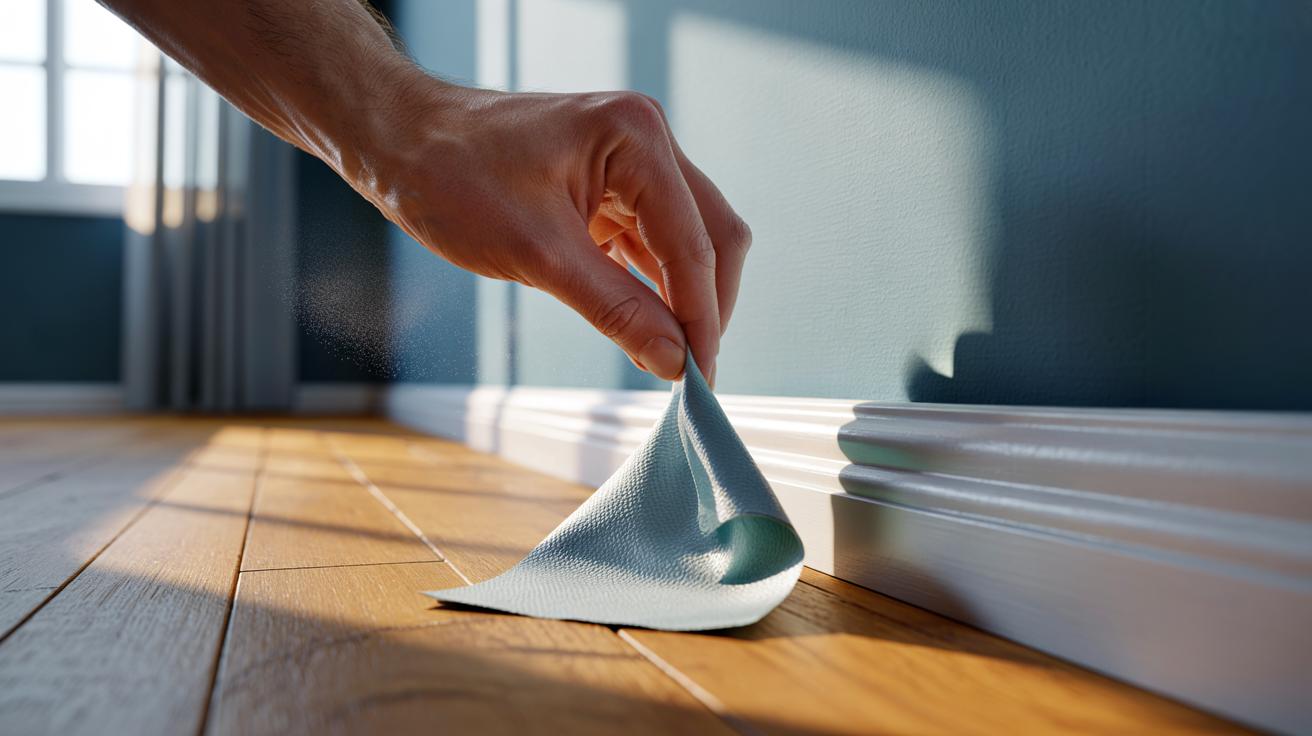 Illustration of a triangle-folded wet wipe cleaning a tight corner of a skirting board
