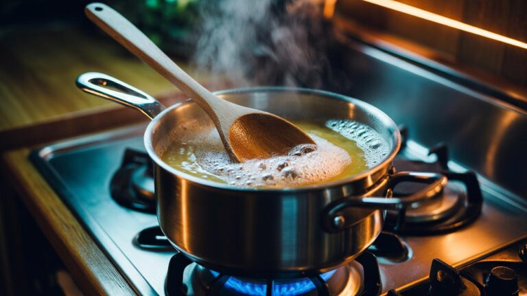 Illustration of a wooden spoon resting across the rim of a boiling pasta pot, disrupting starchy foam through surface tension