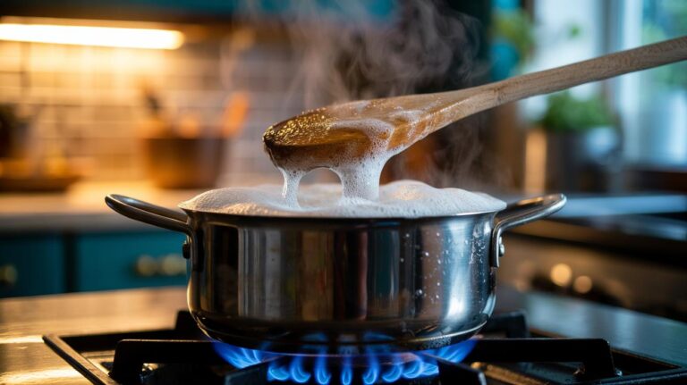 Illustration of a wooden spoon balanced across a bubbling pot, disrupting starchy foam at the raised surface to prevent a boil-over