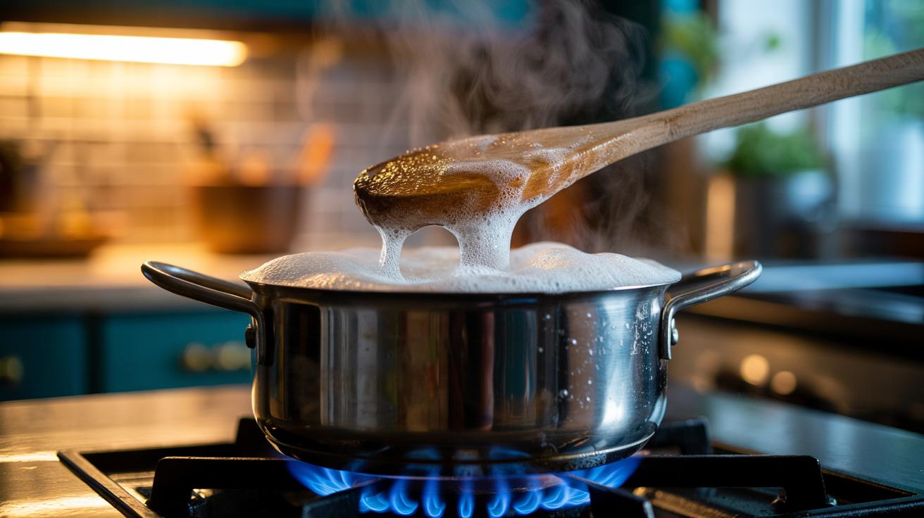 Illustration of a wooden spoon balanced across a bubbling pot, disrupting starchy foam at the raised surface to prevent a boil-over