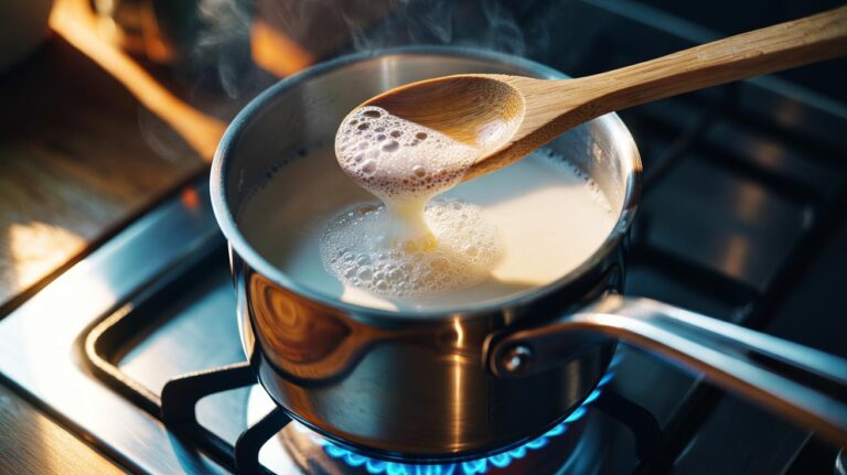 Illustration of a wooden spoon resting across a saucepan of milk to stop boil-over by disrupting surface bubbles