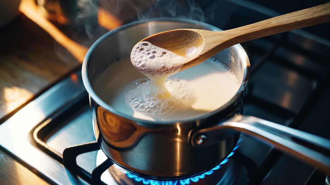 Illustration of a wooden spoon resting across a saucepan of milk to stop boil-over by disrupting surface bubbles