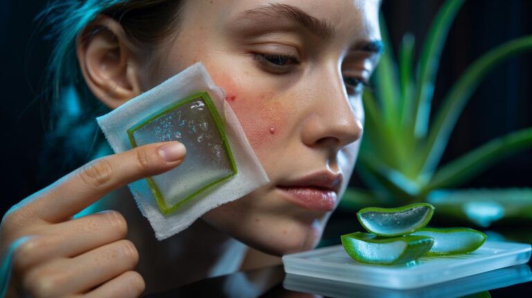 Illustration of an aloe vera gel ice cube wrapped in a thin cloth being gently applied to an inflamed facial spot to reduce redness and swelling overnight