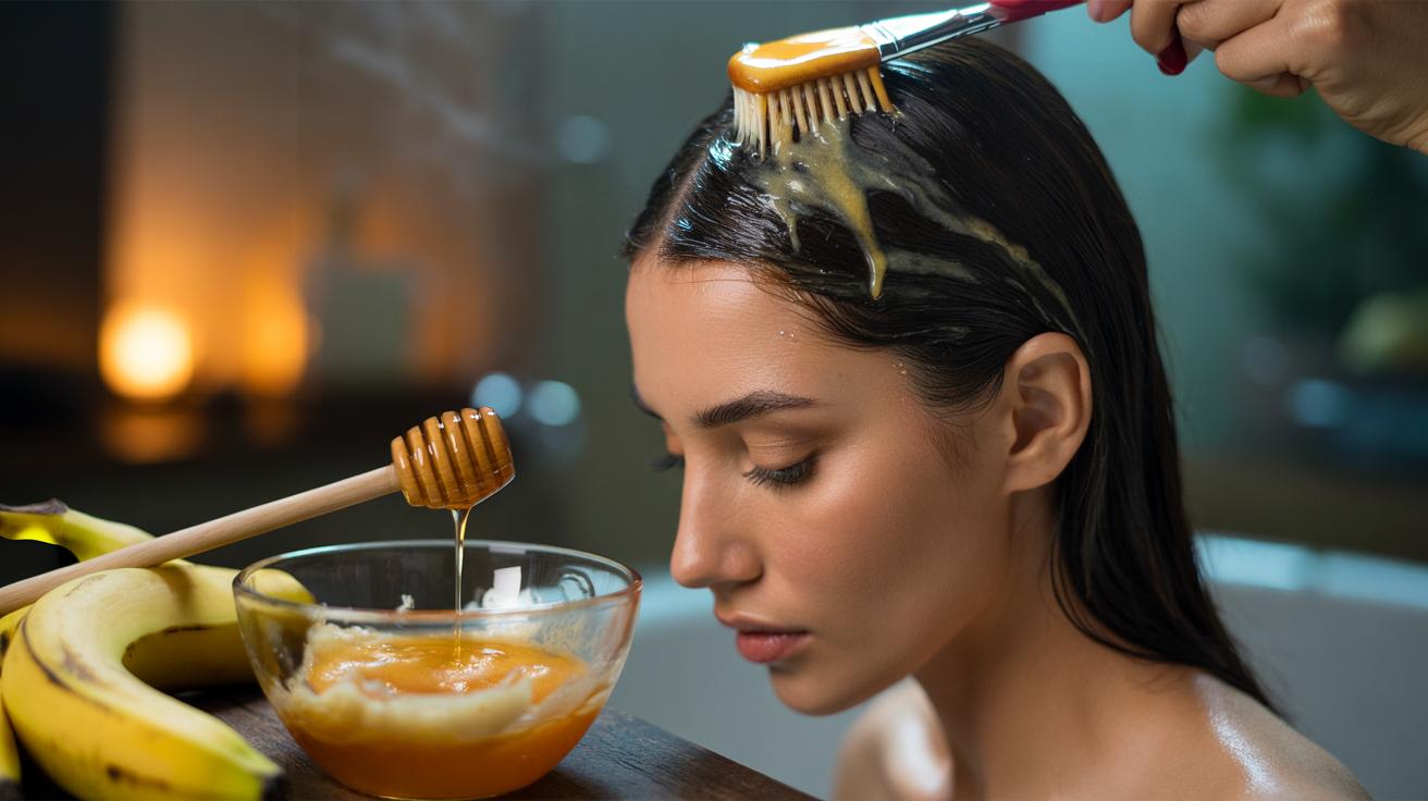 Illustration of a banana and honey hair mask being applied to the scalp to reduce hair shedding, highlighting potassium-rich benefits
