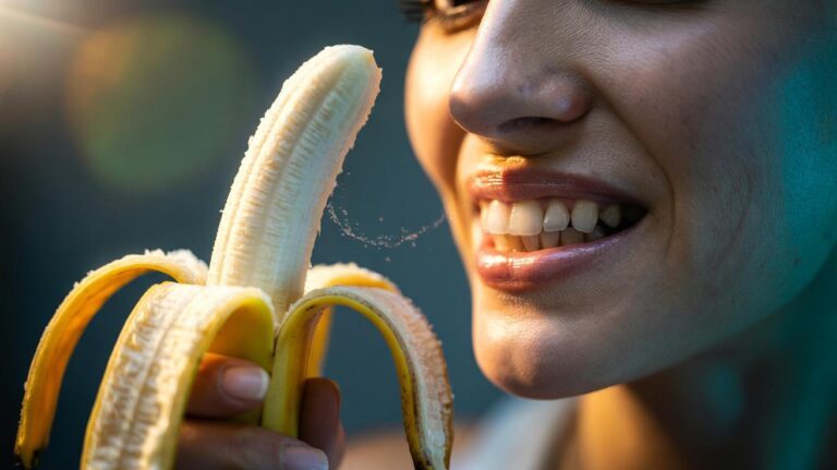 Illustration of a person gently rubbing the inner side of a banana peel on their teeth to lift surface stains