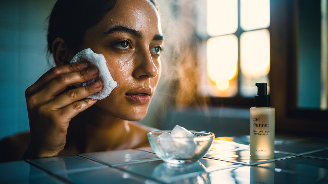 Illustration of a person gently rubbing an ice cube on their face during a morning skincare routine to tighten pores as an alternative to primer