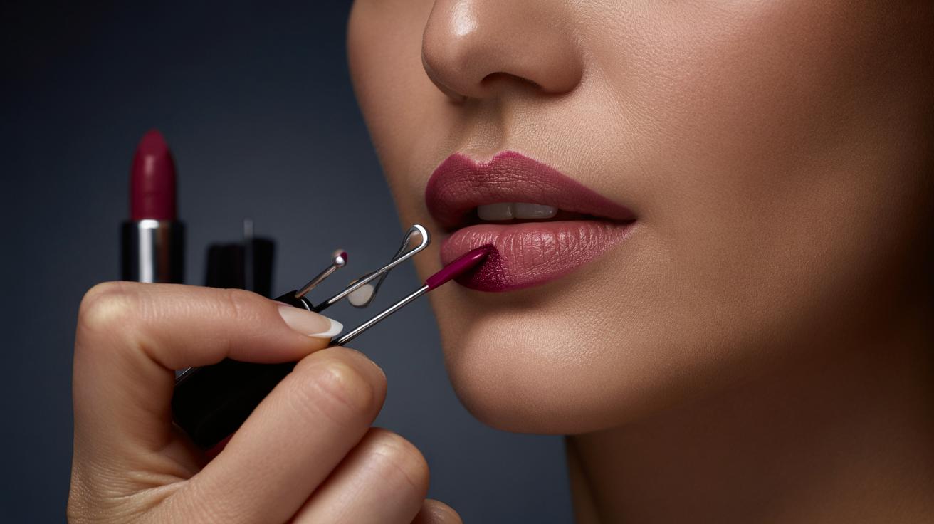 Illustration of applying lipstick with a bobby pin to create a perfect ombre lip