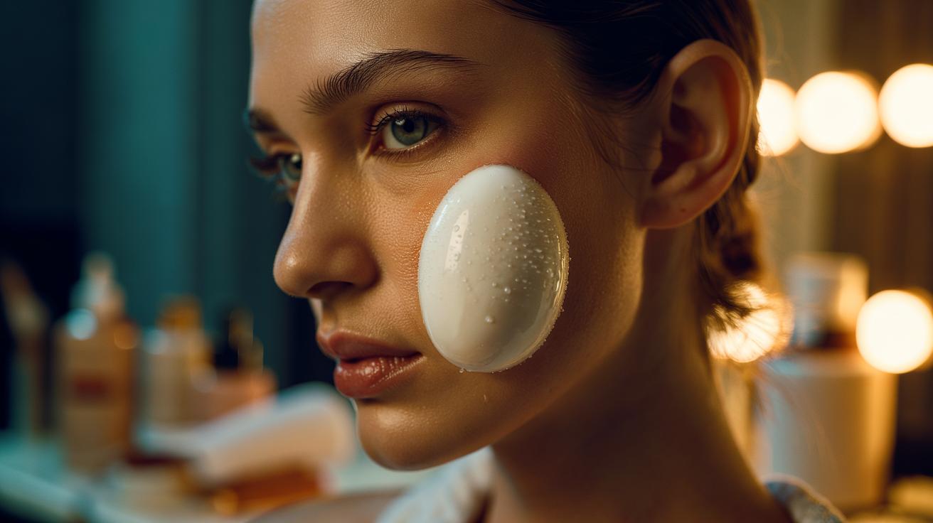 Illustration of applying foundation with a damp hard-boiled egg for an airbrushed finish