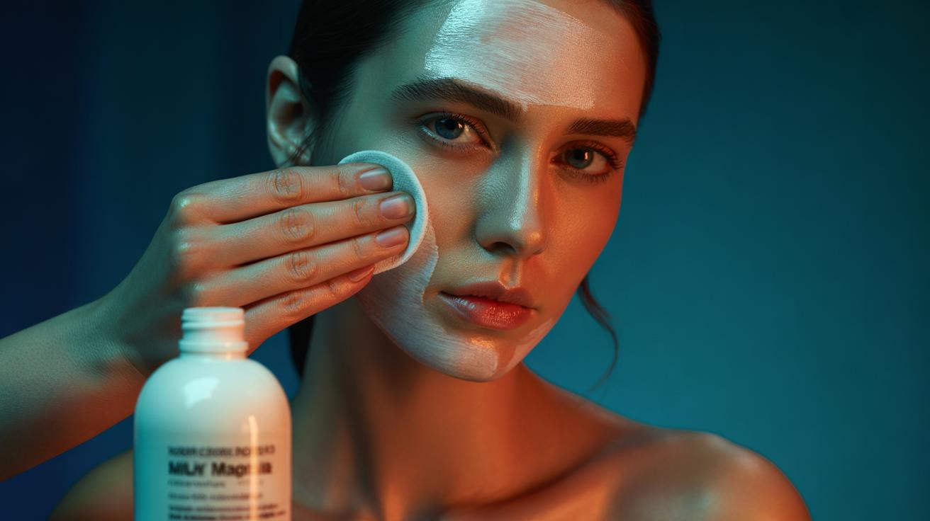 Illustration of milk of magnesia being dabbed onto the T-zone as a make-up primer to keep oily skin matte for 12+ hours