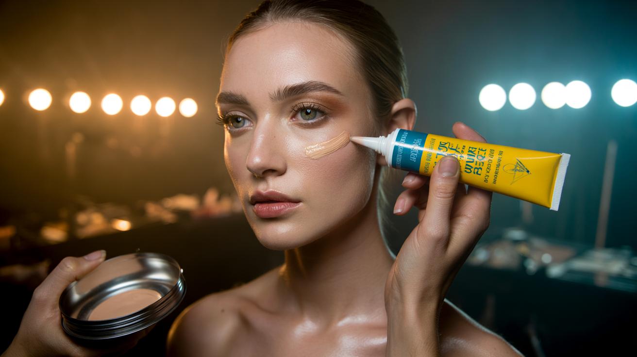 Illustration of a makeup artist dabbing Preparation H on a model’s cheekbones to create a 90s-style contour