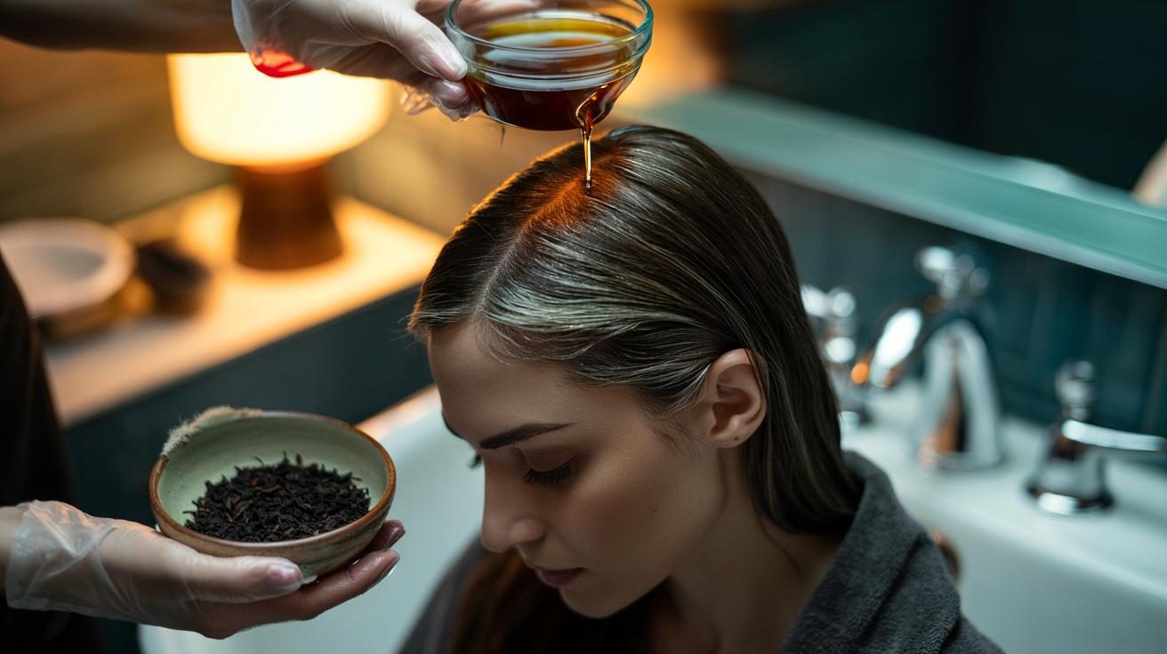 Illustration of a black tea rinse being applied to grey roots at the hairline to instantly darken them via tannins