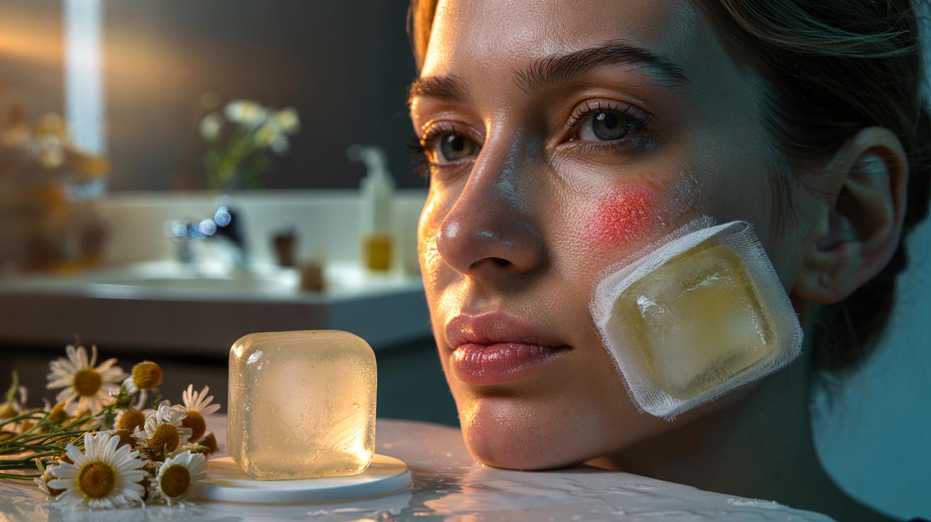 Illustration of chamomile ice cubes wrapped in a soft cloth applied to flushed cheeks to reduce rosacea redness