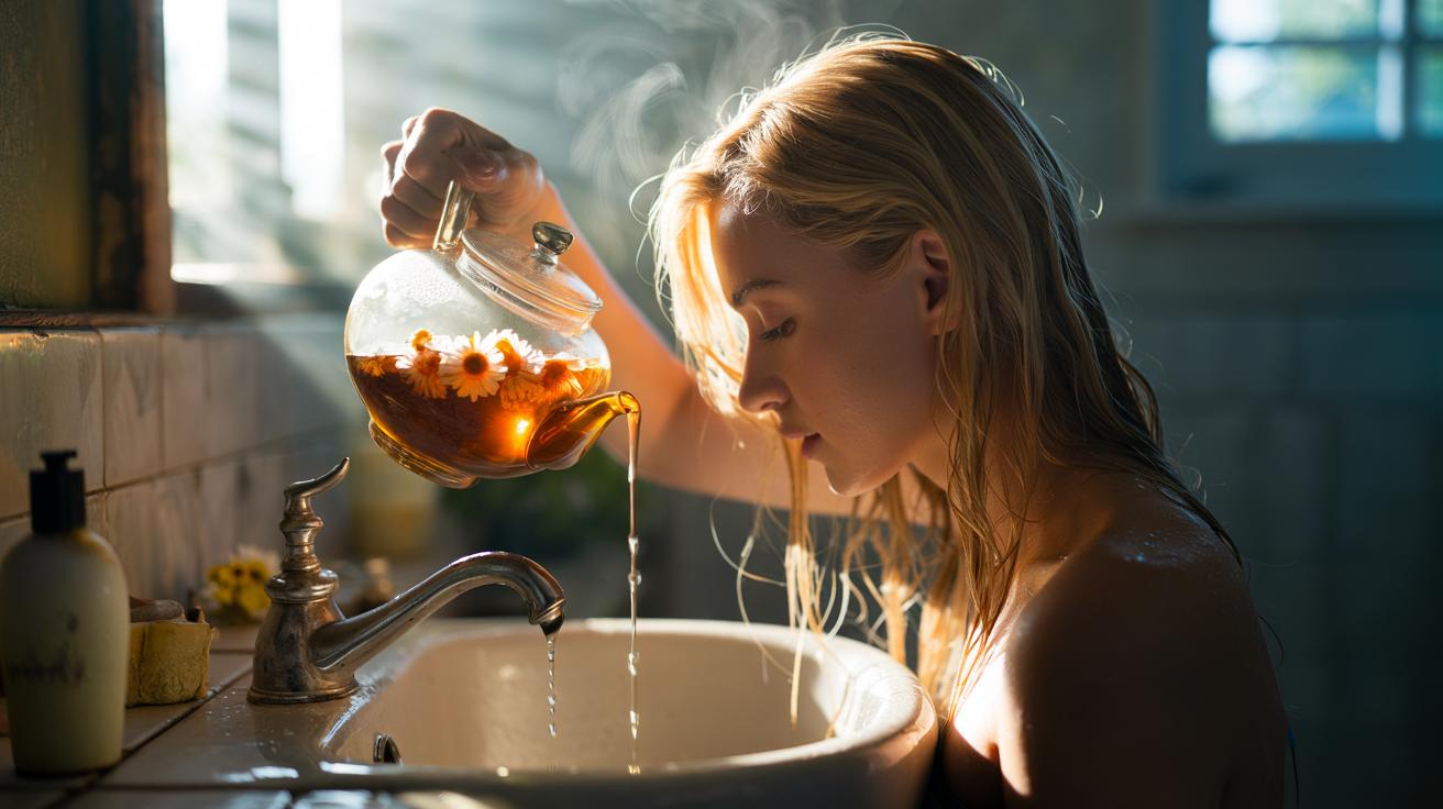 Illustration of blonde hair being rinsed with chamomile tea to neutralise brassiness and enhance a soft golden glow