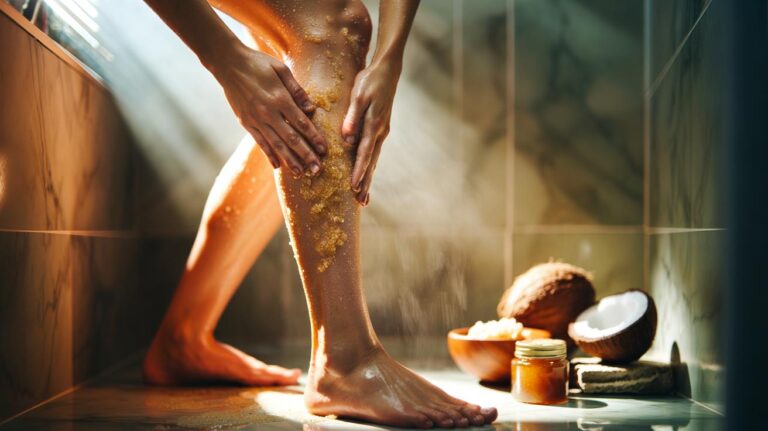Illustration of a person exfoliating dull legs with a brown sugar and coconut oil scrub to remove dead skin