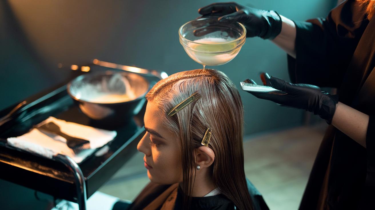 Illustration of a hairstylist applying virgin coconut oil to a client’s hair before a bleach treatment to reduce damage