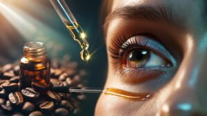 Illustration of applying a caffeine lash serum followed by a thin swipe of castor oil along the eyelash line with a clean spoolie