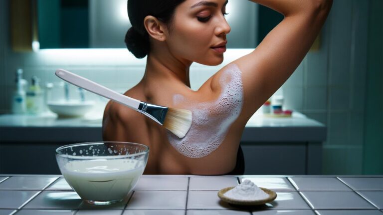 Illustration of cold milk and baking soda paste fizzing while being applied to underarm skin for cosmetic brightening