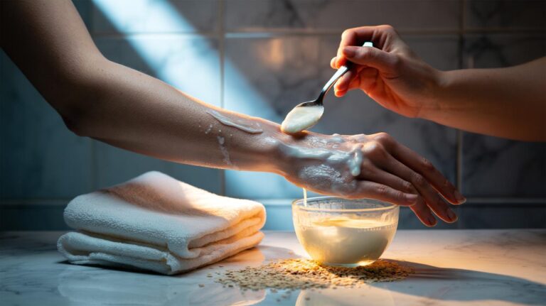 Illustration of cold milk and ground oats applied as a cooling lactic acid mask on a bumpy arm to calm keratosis pilaris