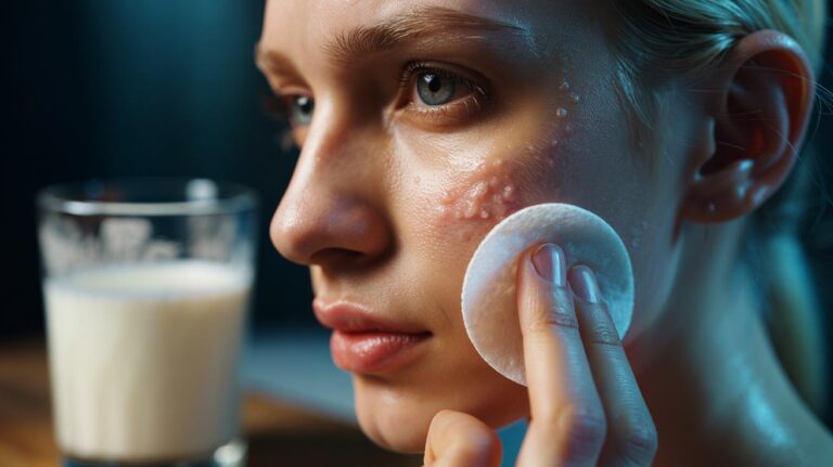 Illustration of a cold milk-soaked cotton pad applied to an inflamed cystic acne lesion on the cheek