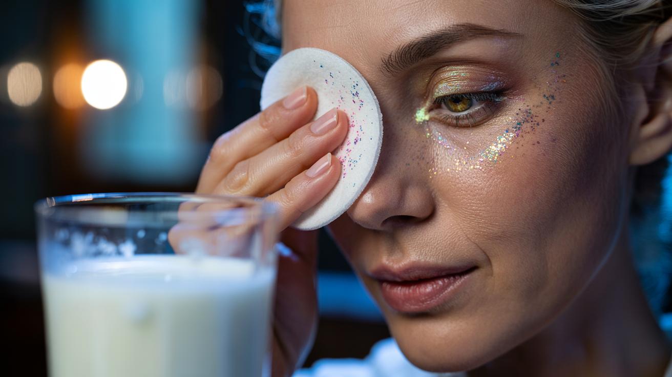 Illustration of cold milk applied with a cotton pad to gently remove glitter makeup by softening adhesive with fats