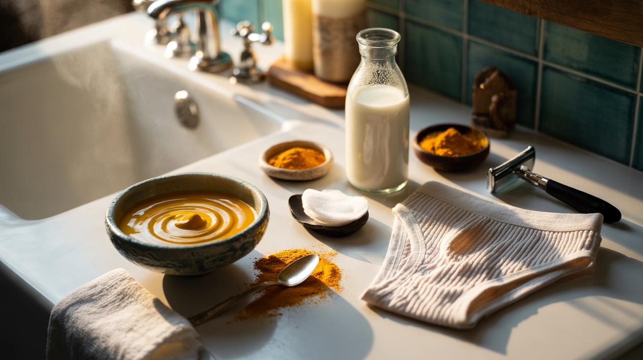 Illustration of cold milk and turmeric used to gently lighten bikini-line skin