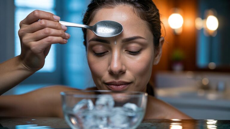 Illustration of a person pressing a chilled teaspoon to the forehead to relax muscles and temporarily soften frown lines.