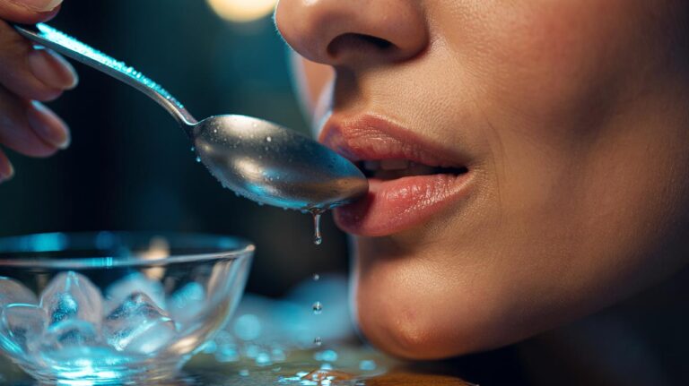 Illustration of a person pressing a chilled metal teaspoon against their lips to stimulate blood flow and create a temporary plumping effect
