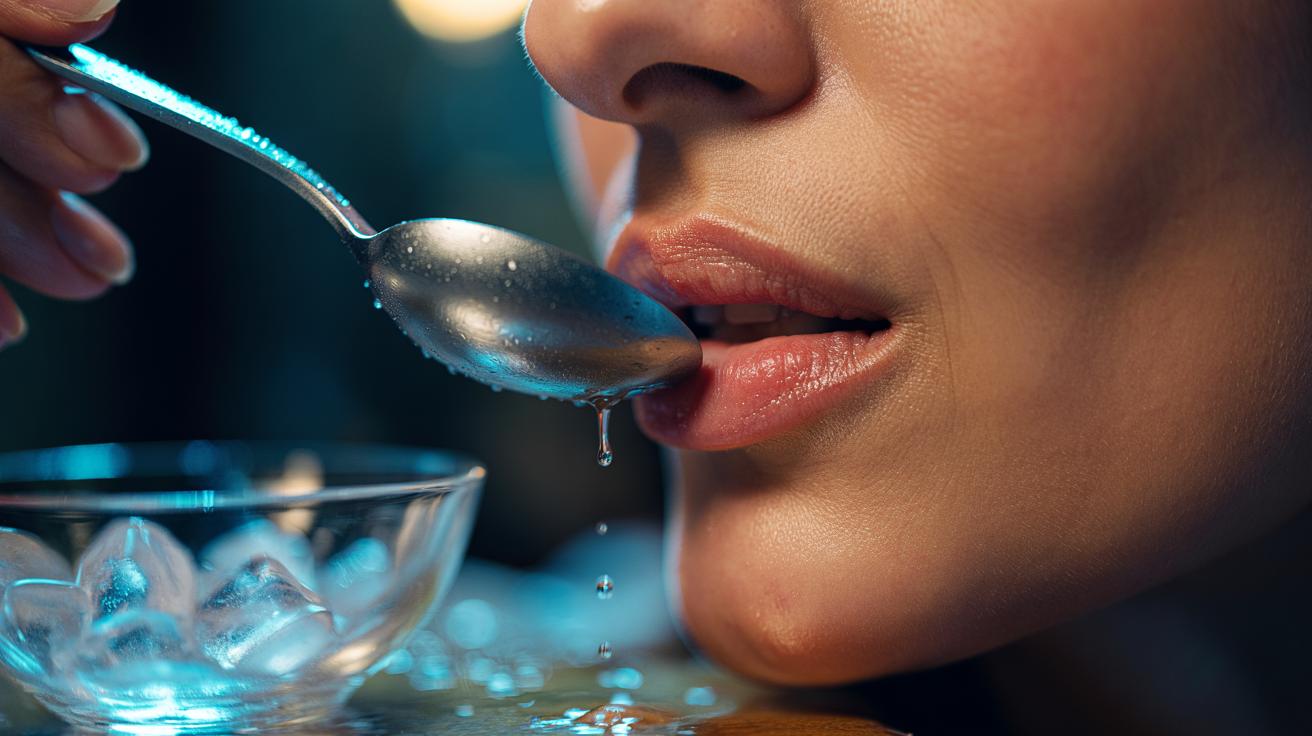 Illustration of a person pressing a chilled metal teaspoon against their lips to stimulate blood flow and create a temporary plumping effect