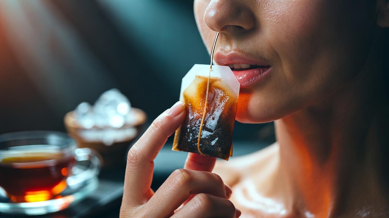 Illustration of a person gently pressing a chilled teabag on their lips to boost natural rosiness through caffeine