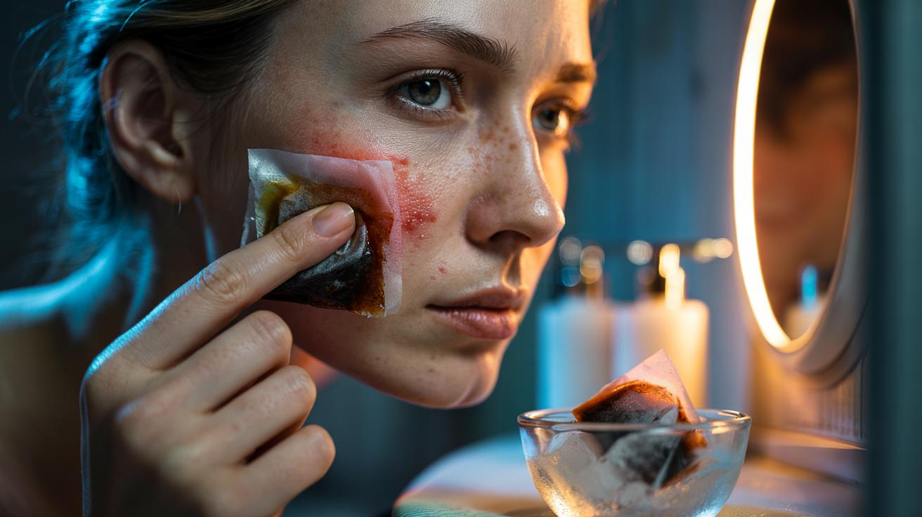 Illustration of a person applying a chilled teabag to an inflamed facial spot to reduce redness and swelling