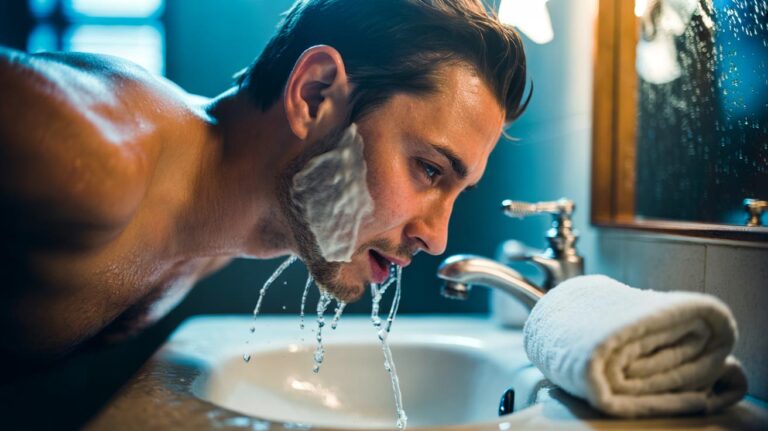 Illustration of a person rinsing a freshly shaved face with cold water to reduce redness and help prevent razor bumps