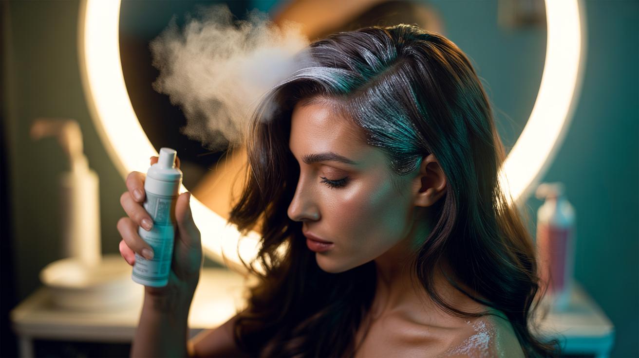 Illustration of cornstarch dry shampoo being applied to oily hair roots, the powder absorbing sebum without visible residue