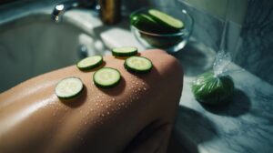 Illustration of chilled cucumber slices placed on a freshly waxed chest to soothe redness