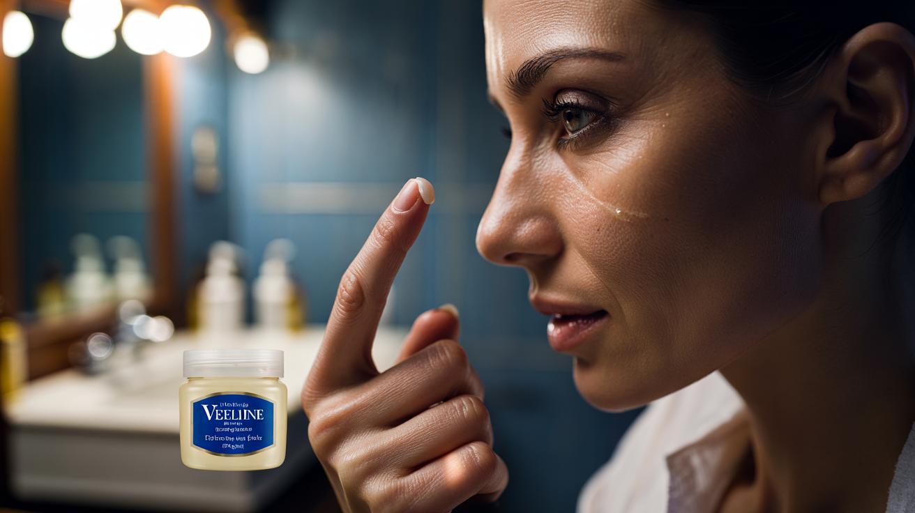 Illustration of a person gently pressing a rice-grain amount of Vaseline onto fine lines around the eyes as a 10-second dermatologist-recommended spot-slugging technique